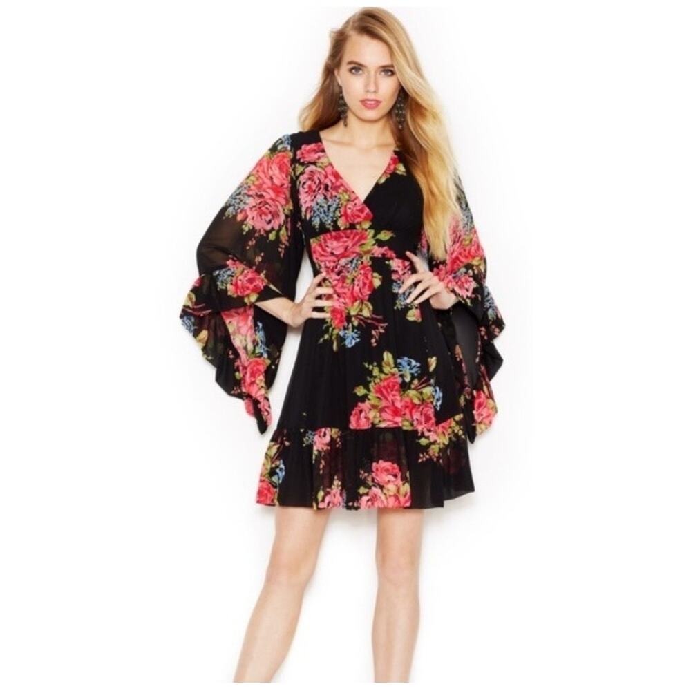Betsy Johnson Floral Mini Dress Sz 4 Black Pink Babydoll Bell Sleeves Whimsigoth - Picture 13 of 16